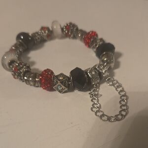 Chic Silver and Red Beaded Bracelet Stamped with Sterling Silver 925